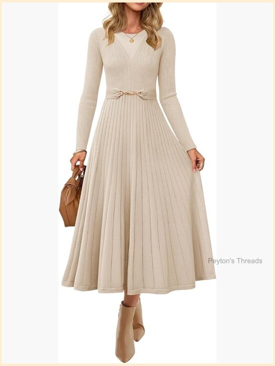 Dresses & Skirts - Long Sleeve Midi Sweater Dress Crewneck Knit A Line Pleated Flowy with Belt
